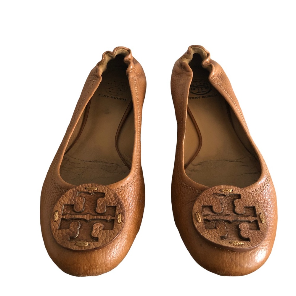 Tory Burch Royal Tan Leather Reva Flats Tumbled Leather Logo Size 9.5